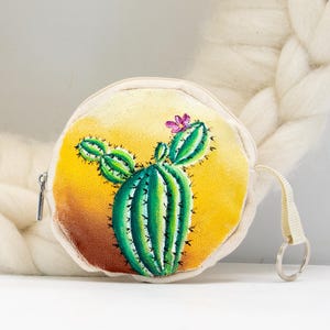 Pochette pour pièce de monnaie peinte à la main avec cactus, peinture de fleur de cactus dans un petit porte-monnaie rond, cadeau pour amateur de cactus