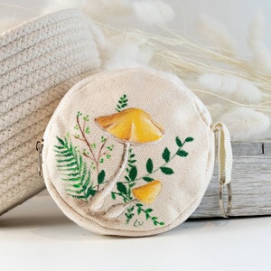 Mushroom coin bag hand painted, Yellow fungi pouch, Cottage-core small purse, Mushroom woodland accessory, Wallet for her