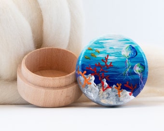 Small box hand painted with jellyfishes, Underwater wildlife on tiny box, Miniature box ocean life, Small round wood box for jewelry