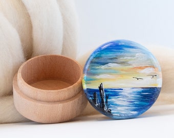 Mini wood box hand painted with lake view, Sunset painting on tiny box, artwork box, earring box, miniature box lake, keepsake box