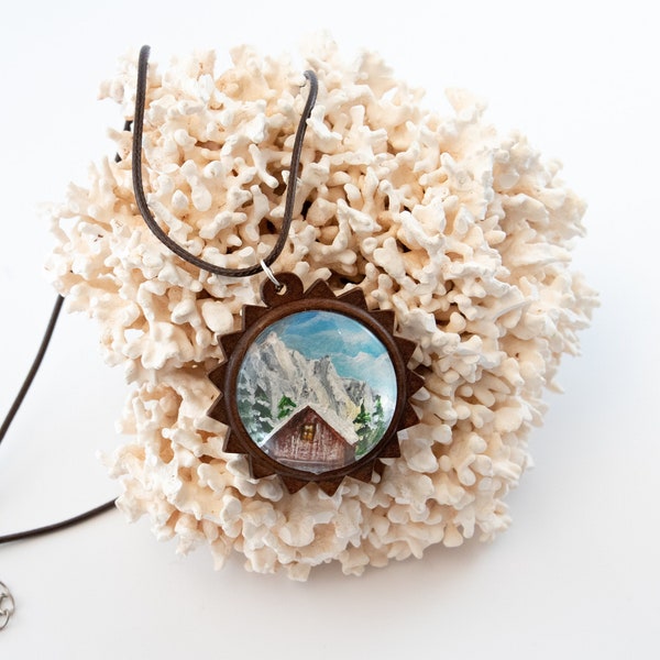 Mountain chalet necklace hand painted, Mountain View pendant, mini painting on medallion, snowy mountain charm, mountain ski lover gift