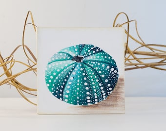 Sea urchin miniature painting on canvas, Small canvas painting urchin shell, Ocean sea life mini acrylic painting, Beach home small wall art