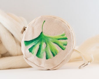 Gingko biloba leaf on coin pouch hand painted, small credit card purse with ginkgo leaf,   small round pouch, gift for teen, gift for mom