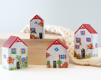 Red roof mini houses village, miniature house hand painted white, Tiny houses collection, New home gift idea, small little villages decorate