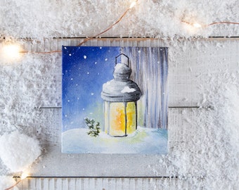 Christmas lantern mini canvas, Tiny painting winter candle, Lamp in snow painting, Holidays farmhouse decor, Rustic Christmas accent,