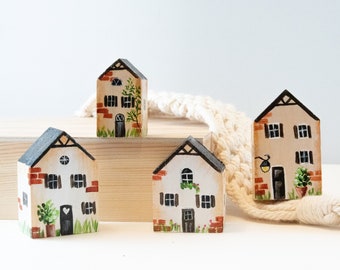 Miniature village brown Tudor houses, Mini houses wood hand painted, Beige tiny house  for decoration, Housewarming gift, House collection