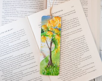 Fall tree bookmark hand painted, wooden bookmark autumn leaves, orange and yellow changing leaves landscape bookmark, tree on a lake