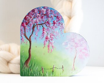 Heart shape wood painting of a cherry blossom tree, Painting on wood, Mother's Day gift idea, Valentine's  day gift, Heart spring painting