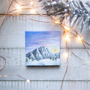 Mini Winter Mountain Canvas Magnet: Hand-Painted Christmas Decor