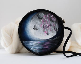 Hand-Painted Moon & Cherry Blossom Crossbody Bag