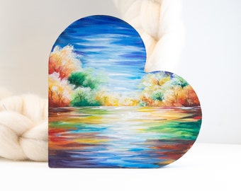 Heart shaped wood board painted with colorful landscape, tree reflecting on water, nature lover gift idea, lake painting on heart, lake home