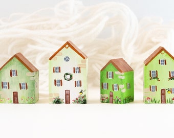 Miniature village green hand painted, Colorful mini houses in wood, Tiny home decoration, small houses collection,