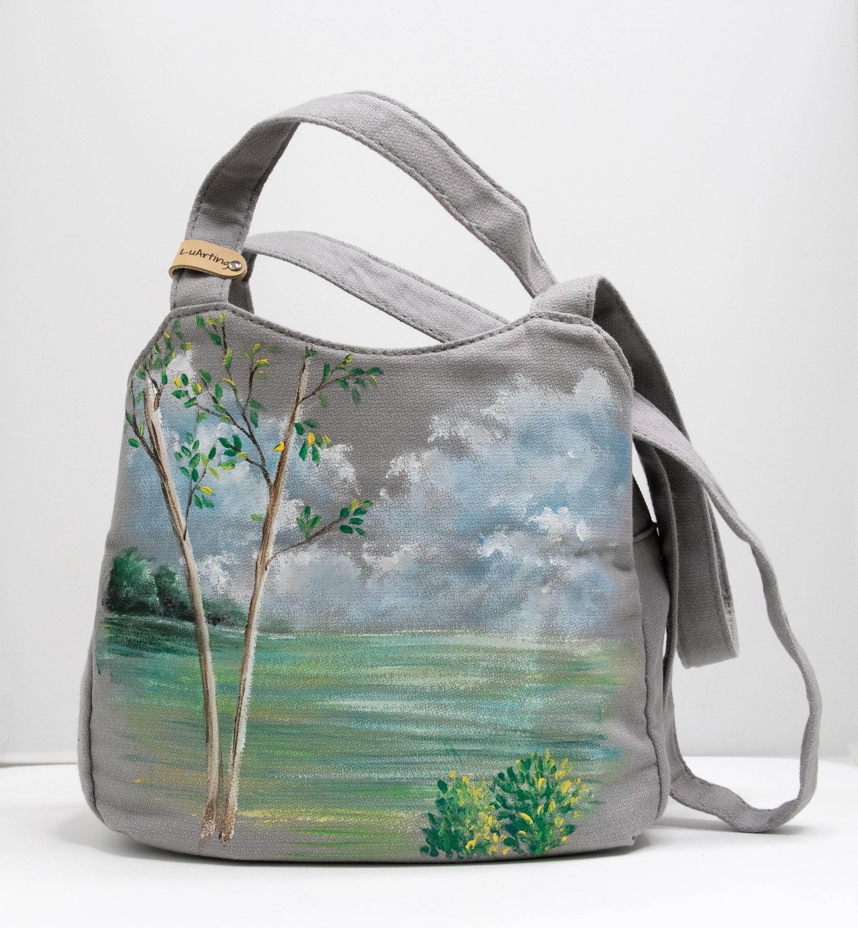 Hand-Painted Lake View Shoulder Bag: Gray Cotton Canvas Handbag