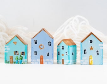 Miniature houses village hand painted, Tiny wooden house blue, Mini seaside village, Beach home decor, Small wood decorative houses