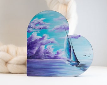 Sailboat painting on heart shaped wood block, Boat artwork, Sailing love decor, Coastal beach home decor, gift for ocean lover,