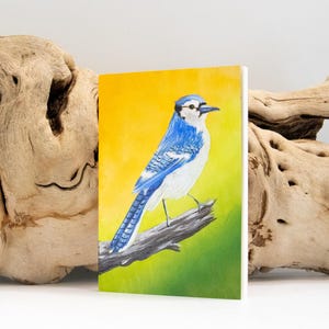 Mini caderno pintado à mão com gaio-azul, diário de viagem com bolso pautado e capa de papel cartão pintada à mão, pintura masculina de gaio-azul