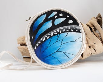 Hand painted crossbody bag blue butterfly, round purse butterfly wings