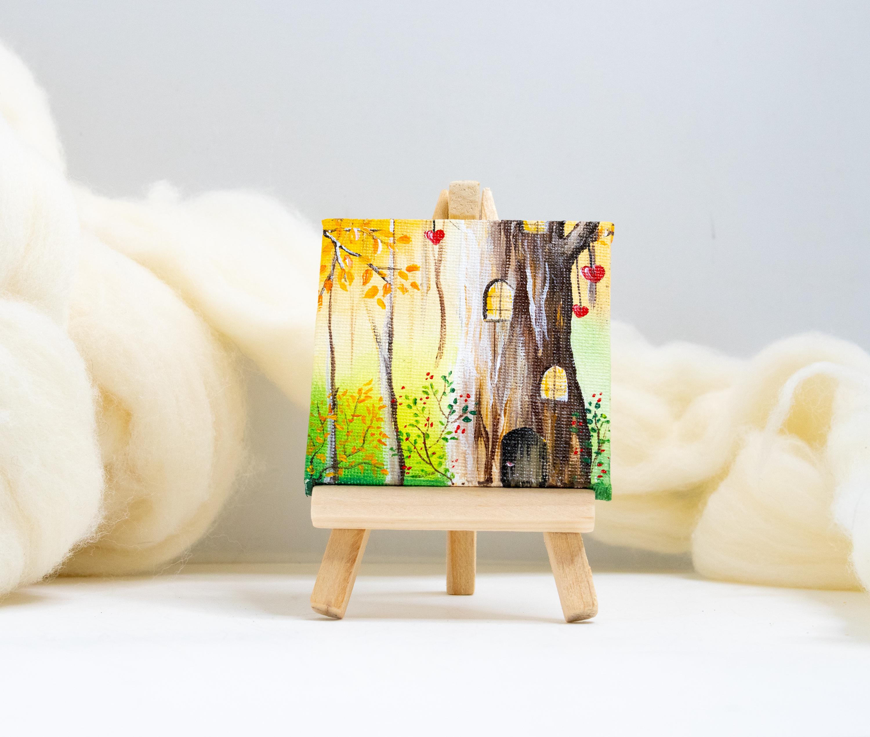 mini painting on canvas fairy house, woodland cottage core tiny painting, gnome tree house painting, nursery decor, country decor