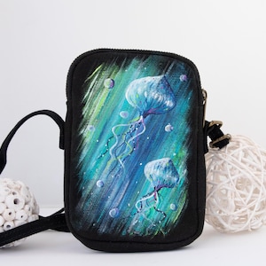 Hand Painted Jellyfish Crossbody Bag: Cotton Cell Phone Purse