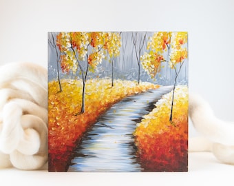 fall landscape painting on solid wood block, Winter forest landscape, woods landscape orange and gray, river in the forest, cottage decor