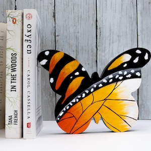 Monarch butterfly bookend, Solid wood butterfly shelf decor, Hand painted yellow butterfly nursery decor, monarch butterfly wings accent