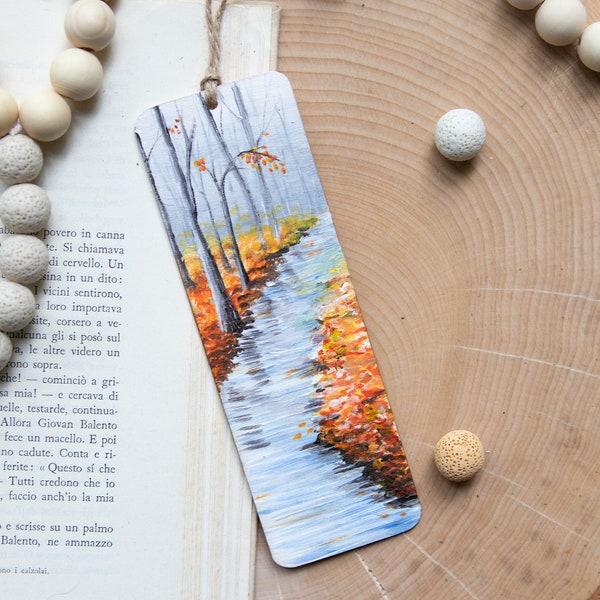 Fall landscape wooden bookmark, Hand painted bookmark autumn, Falling leaves painting, Woodland bookmark, Fall gift for readers