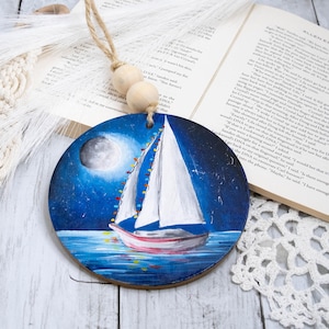 Hand Painted Wood Sailboat Ornament: Large Christmas Tree Decoration