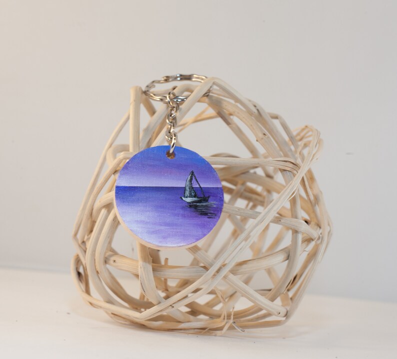 Colorful hand made keychain Hand painted ocean keychain Purple keychain Boat keychain wooden round keychain Beach sunset keychain
