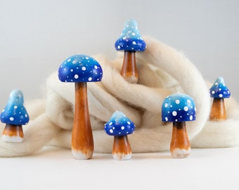 Blue wooden mushrooms hand painted, decorative wood mushroom, mushroom for decoration, mushroom lover gift, gift for teen unique color fungi
