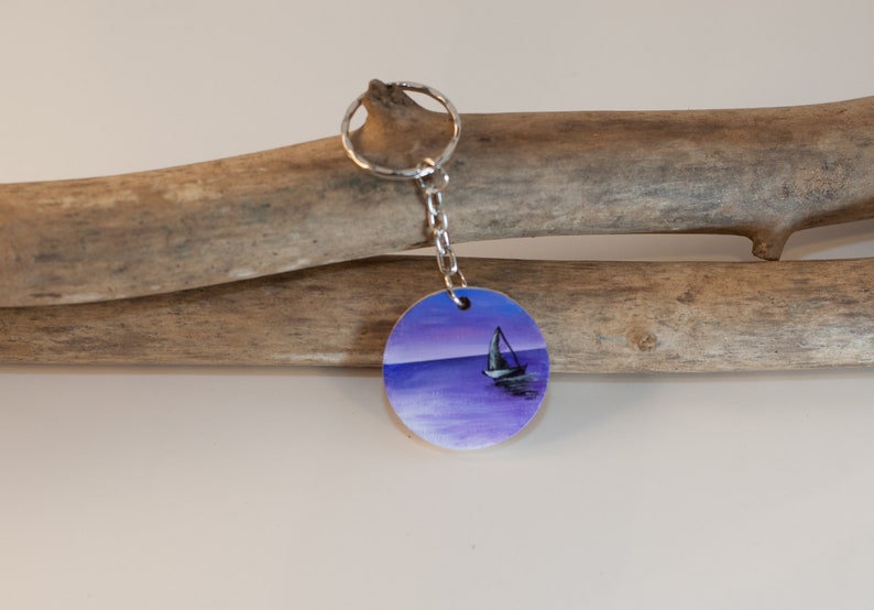 Colorful hand made keychain Hand painted ocean keychain Purple keychain Boat keychain wooden round keychain Beach sunset keychain