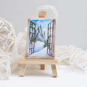 Original mini painting of a mountain landscape from a window, snowy mountain tiny artwork, small canvas with easel, cabin decor snow