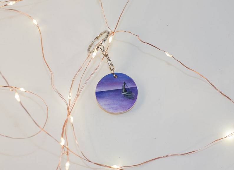Colorful hand made keychain Hand painted ocean keychain Purple keychain Boat keychain wooden round keychain Beach sunset keychain