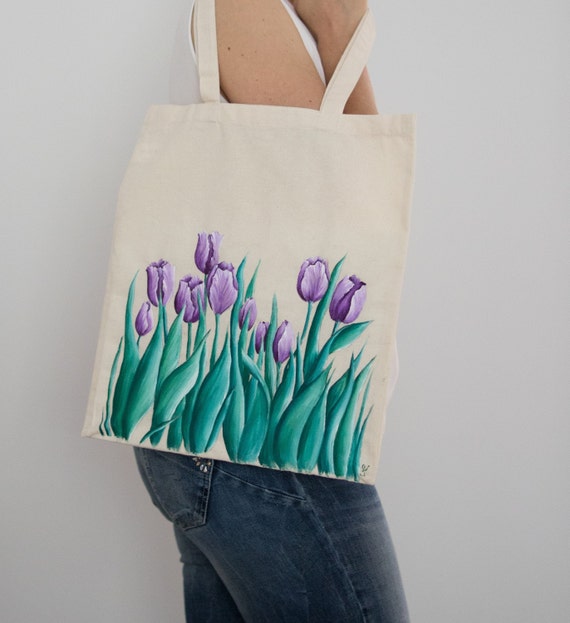 Tulips Hand Painted Tote Bag Purple Tulips Reusable Bag - Etsy