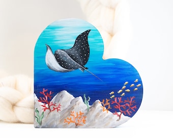 Heart shaped wood hand painted with underwater wildlife and a ray, Manta ray painting on wood, Ocean lover gift idea, Beach home decor