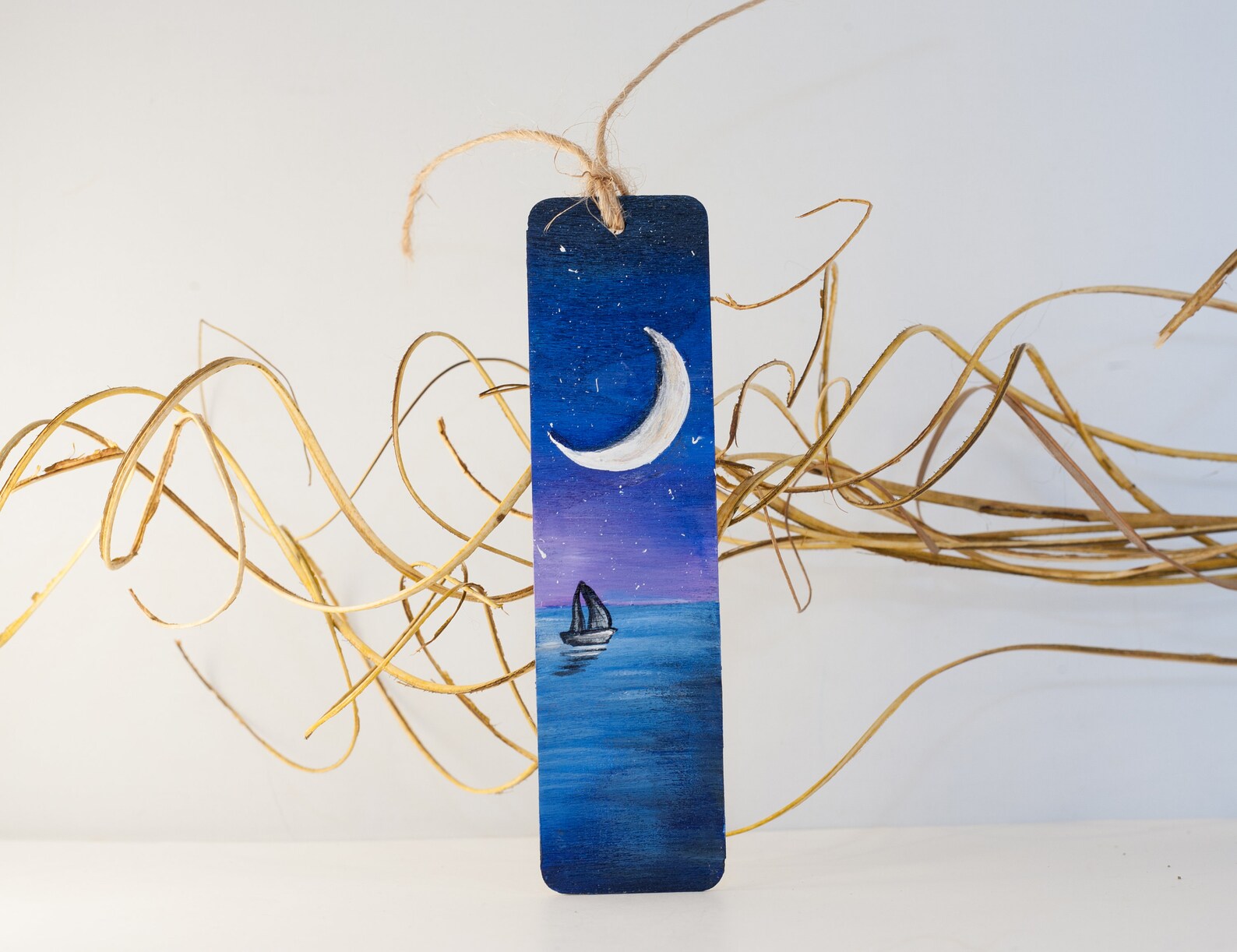 Crescent Moon Painted Bookmark Night Seascape Bookmark Hand Etsy UK