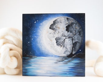 Full moon painting on wood block, original acrylic night sky painting, shelf decor lunar phases, moon reflections on water