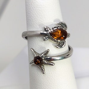 Cognac Amber Sea Turtle and Cognac Starfish Adjustable Ring in a 925 Sterling Silver Setting. Poland Lithuania Mines. Handmade. Unique.