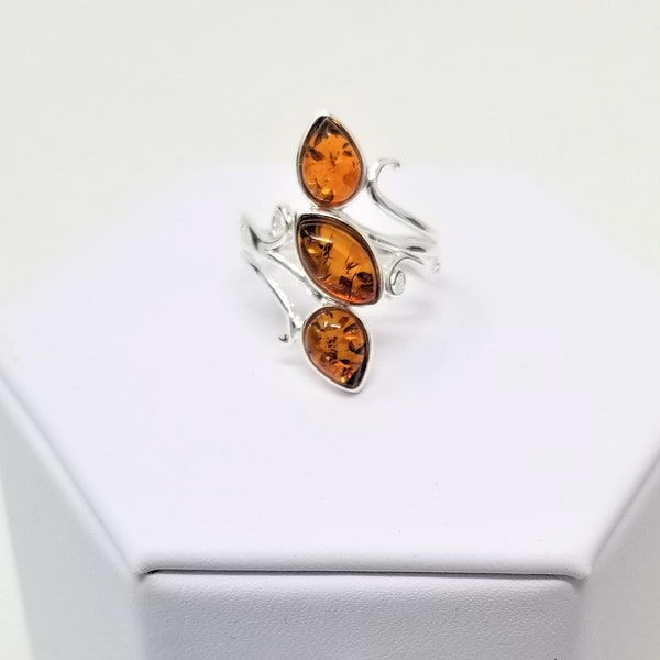 Natural Baltic Amber Ring | Cognac Amber | Sterling Silver | 3 Amber Gemstones | Unique Silver Band | Amber Jewelry | Women's Ring | Gift