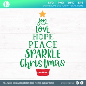 Joy Love Hope Peace Sparkle Christmas Tree SVG Cut File, Navidad 2020 png, Caligrafía Árbol de Navidad, Signo de Navidad, Decoración, Diseño de Tarjeta