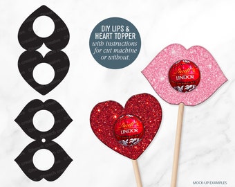 Lindor Heart and Lip Cake Topper SVG Cut File, Valentines Day, Heart Lip Duo, Flower arrangement diy stick, Chocolate holder, Stagette Gift