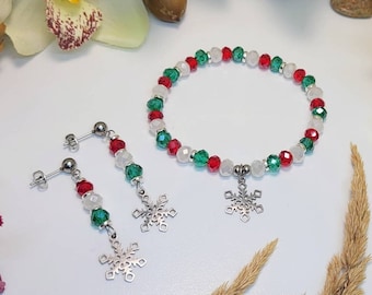 Christmas Snowflake Bracelet, Christmas Snowflake Earrings Christmas Jewelry Set Sparkling Crystal Beaded Bracelet Earrings Green Red White