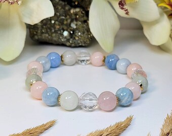 MORGANITE Bracelet for Women, Beryl Aquamarine Jewelry, Multicolor Bracelet, 10mm Cotton Candy Beaded Bracelet, Pink Blue, Teen Girl Gift