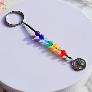7 Chakra GEMSTONE KEYCHAIN, Tree of Life Charm, Multicolor Crystal Key Chain, Rainbow Beaded Stone Keychain Meditation Gift Chakra Bag Charm