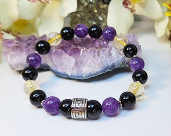 Gemstone Bracelet for Men Women, Greek Key Meander, Men Beaded Jewelry, Amethyst Citrine Black Onyx, Black Yellow Purple, Gift for Boyfriend