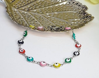 Tiny Evil Eye Charm Bracelet for Protection, Multicolor Evil Eye Amulet, Rainbow Good Luck Layering Chain Bracelet, Turkish Evil Eye Gift