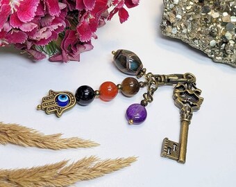 Gemstone Protection Keychain, Hamsa Hand Evil Eye Keychain, Healing Crystals Talisman, Amulet for Health, Negative Energy, Road Safe Drive