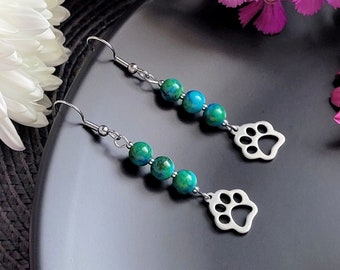 Dangle Paw Print Gemstone Earrings, Chrysocolla Earrings, Green Jewelry, Pet Lovers, Dog Mom Gift, Cat Mom, Dog Lover Gift, Pet Parent Gift