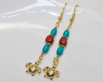 Dangle Turquoise Red Jasper Earrings with Gold Turtles, Southwestern Blue Red Gold Turtle Earrings, Turtle Jewelry, Good Luck Gift for Her