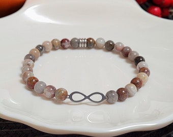 Gobi Agate Infinity Bracelet, Gemstone Eternity Bracelet for Women, Agate Jewelry, Brown Gray Beaded Elastic Bracelet, Best Friend Gift Gift