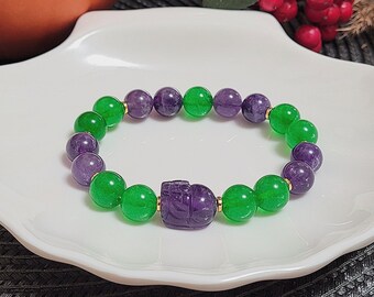 Feng Shui Pixiu Bracelet, Amethyst Pi Yao Chinese Dragon Bracelet, Purple and Green, Wealth, Prosperity, Good Luck Gift, Protection Amulet